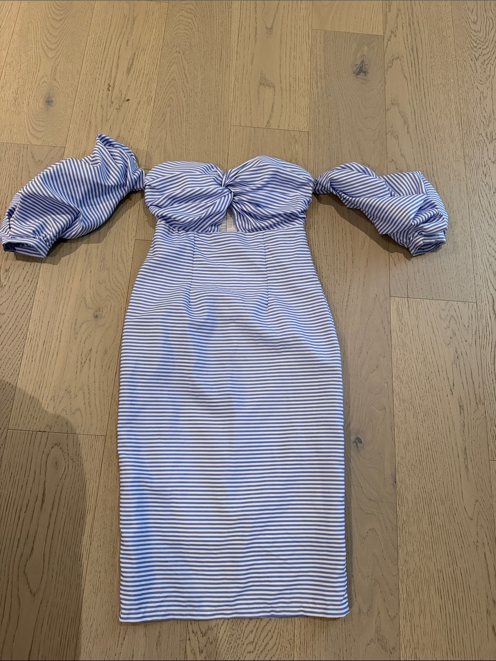 Striped One-Shoulder Puff Sleeve Midi Dress in Light Blue and White